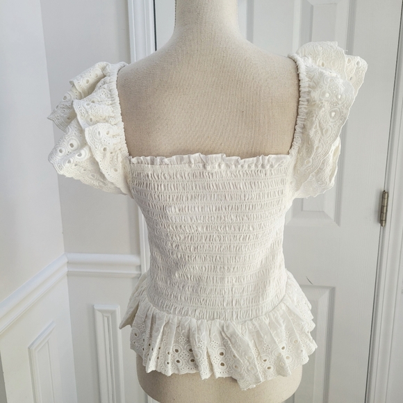 House of Harlow 1960 Smocked Ruffle Peplum Eyelet‎ Lace Puff Sleeve Blouse - Picture 5 of 12